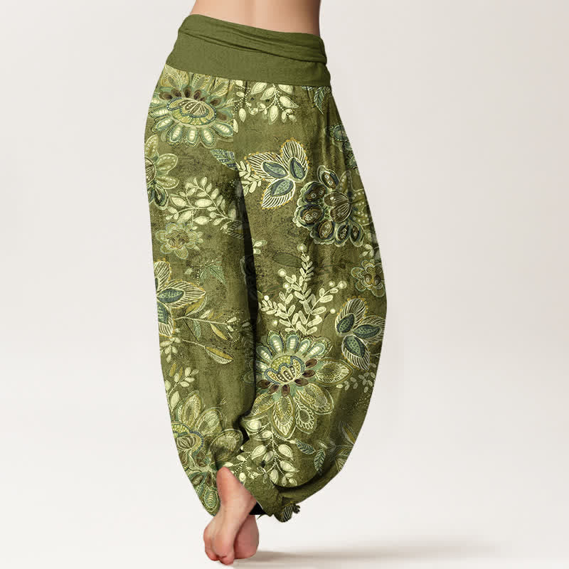 Buddha Stones Pantaloni harem da donna in puro cotone con fantasia floreale e foglie, elastico in vita. - image 9