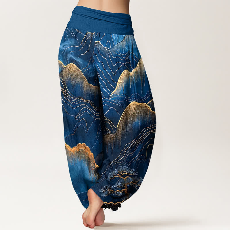 Buddha Stones Pantaloni harem da donna in puro cotone con motivo Midnight Mountain Gold Line e vita elasticizzata. - image 1