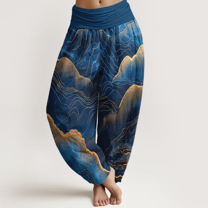 Buddha Stones Pantaloni harem da donna in puro cotone con motivo Midnight Mountain Gold Line e vita elasticizzata. - Marina - US16, UK/AU20, EU48 (3XL) - image 0