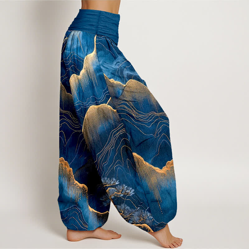 Buddha Stones Pantaloni harem da donna in puro cotone con motivo Midnight Mountain Gold Line e vita elasticizzata. - image 2