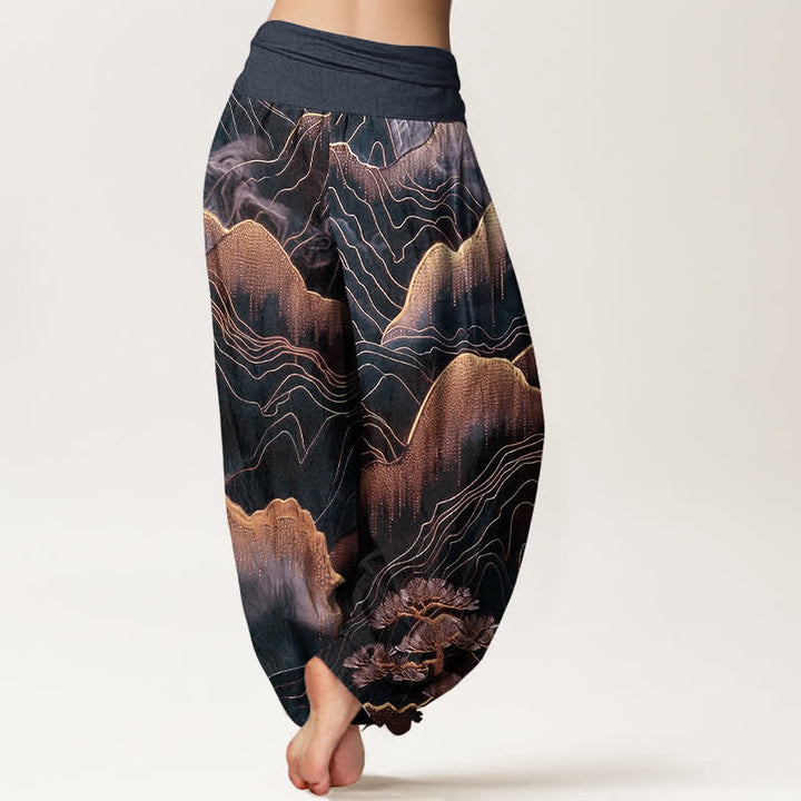 Buddha Stones Pantaloni harem da donna in puro cotone con motivo Midnight Mountain Gold Line e vita elasticizzata. - image 6