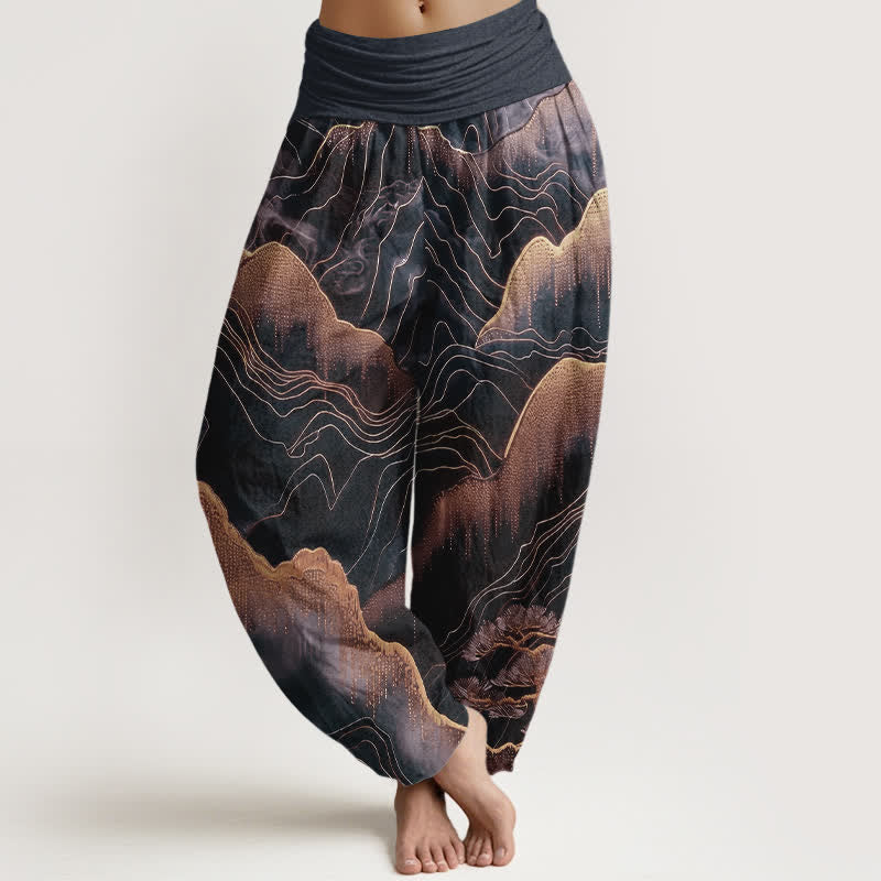 Buddha Stones Pantaloni harem da donna in puro cotone con motivo Midnight Mountain Gold Line e vita elasticizzata. - Nero - US16, UK/AU20, EU48 (3XL) - image 5