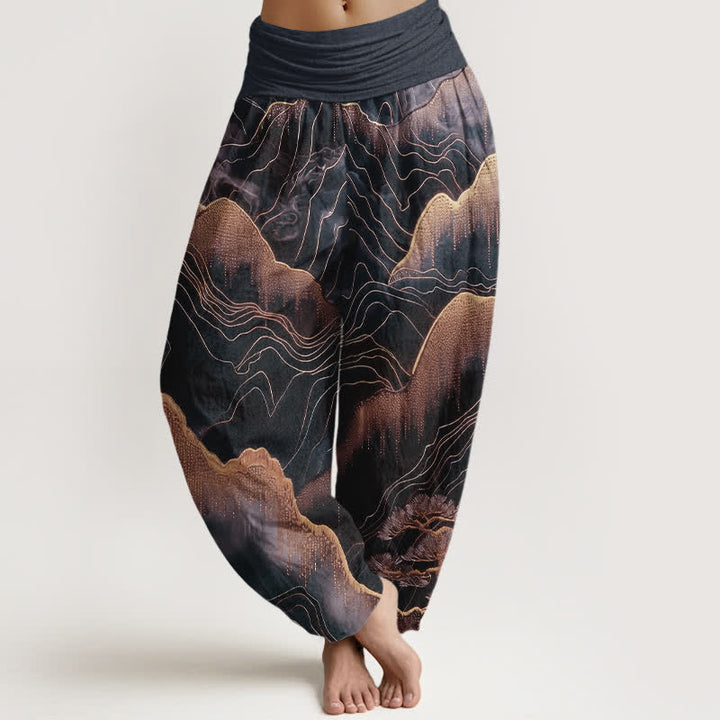 Buddha Stones Pantaloni harem da donna in puro cotone con motivo Midnight Mountain Gold Line e vita elasticizzata. - Nero - US16, UK/AU20, EU48 (3XL) - image 5