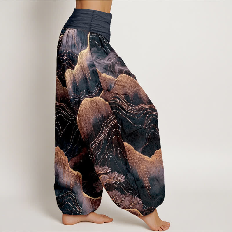 Buddha Stones Pantaloni harem da donna in puro cotone con motivo Midnight Mountain Gold Line e vita elasticizzata. - image 7