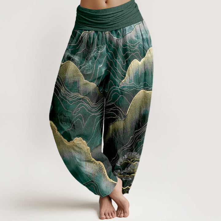 Buddha Stones Pantaloni harem da donna in puro cotone con motivo Midnight Mountain Gold Line e vita elasticizzata. - Verde acqua - US16, UK/AU20, EU48 (3XL) - image 8