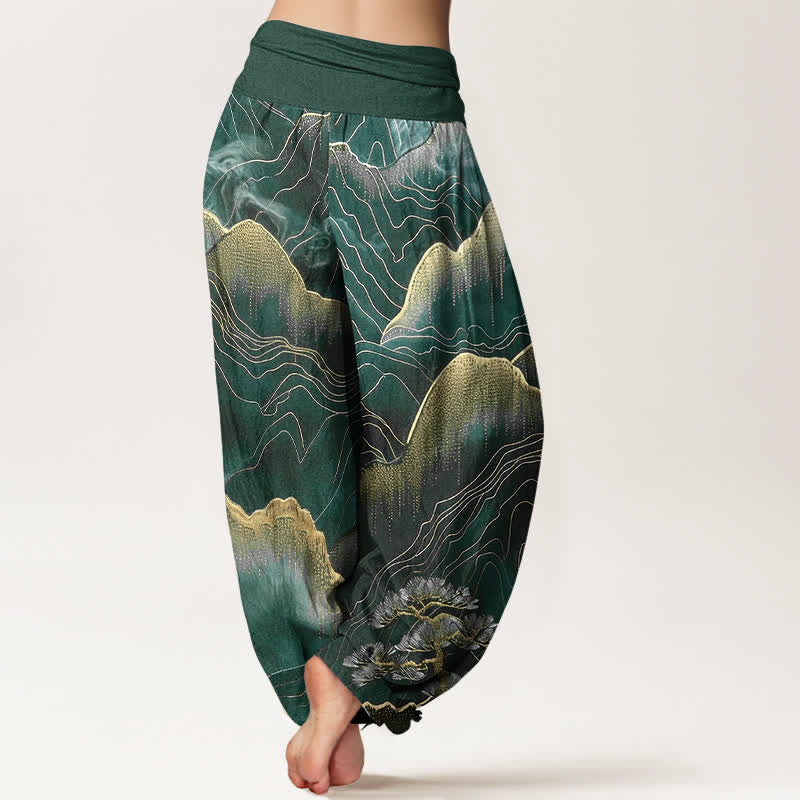 Buddha Stones Pantaloni harem da donna in puro cotone con motivo Midnight Mountain Gold Line e vita elasticizzata. - image 9