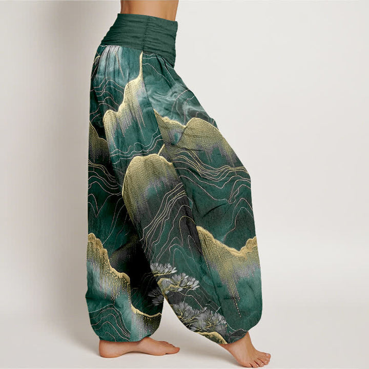 Buddha Stones Pantaloni harem da donna in puro cotone con motivo Midnight Mountain Gold Line e vita elasticizzata. - image 10