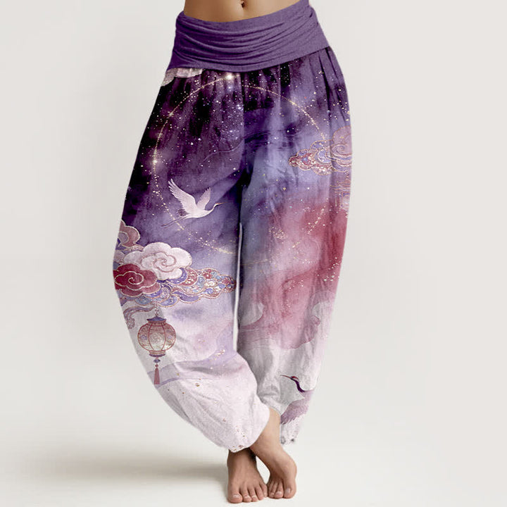 Buddha Stones Pantaloni harem da donna in puro cotone con motivo gru, nuvole, lanterne e cielo notturno, con elastico in vita. - Viola - US16, UK/AU20, EU48 (3XL) - image 5