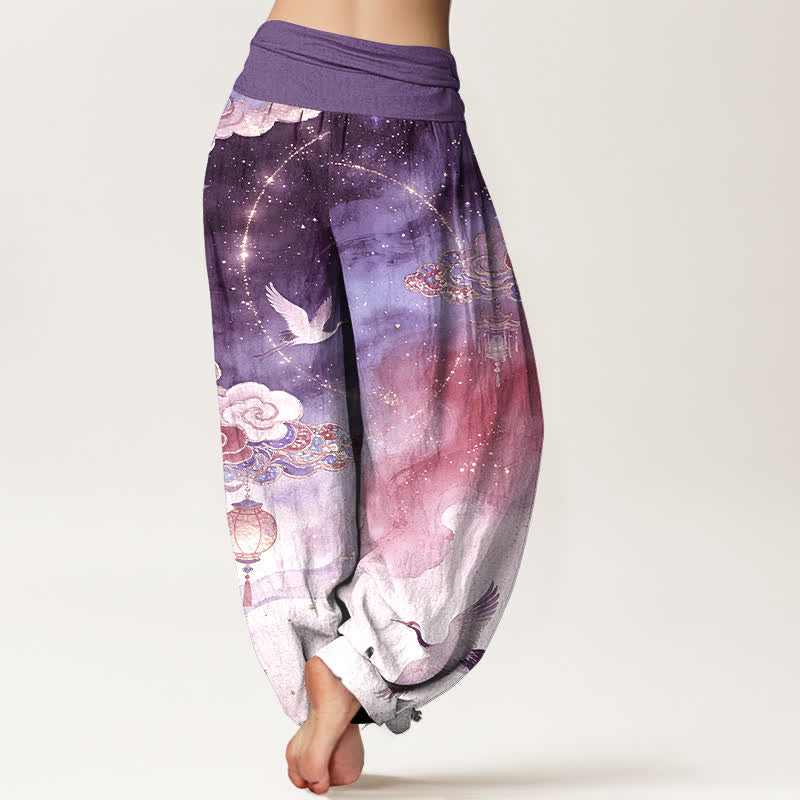 Buddha Stones Pantaloni harem da donna in puro cotone con motivo gru, nuvole, lanterne e cielo notturno, con elastico in vita. - image 6