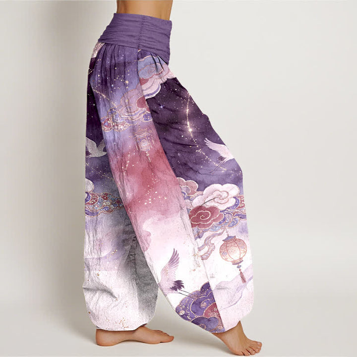 Buddha Stones Pantaloni harem da donna in puro cotone con motivo gru, nuvole, lanterne e cielo notturno, con elastico in vita. - image 7