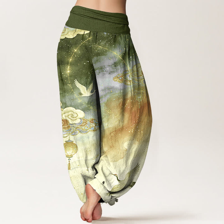 Buddha Stones Pantaloni harem da donna in puro cotone con motivo gru, nuvole, lanterne e cielo notturno, con elastico in vita. - image 9