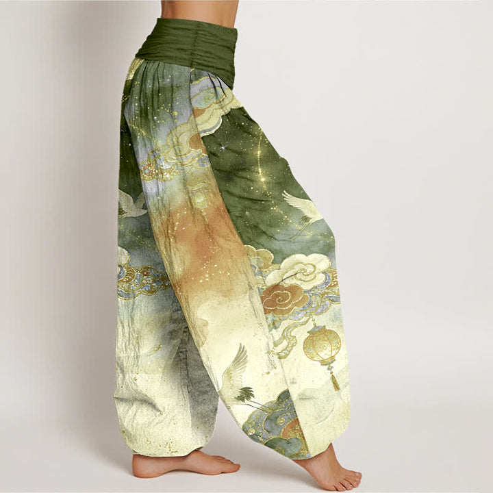 Buddha Stones Pantaloni harem da donna in puro cotone con motivo gru, nuvole, lanterne e cielo notturno, con elastico in vita. - image 10