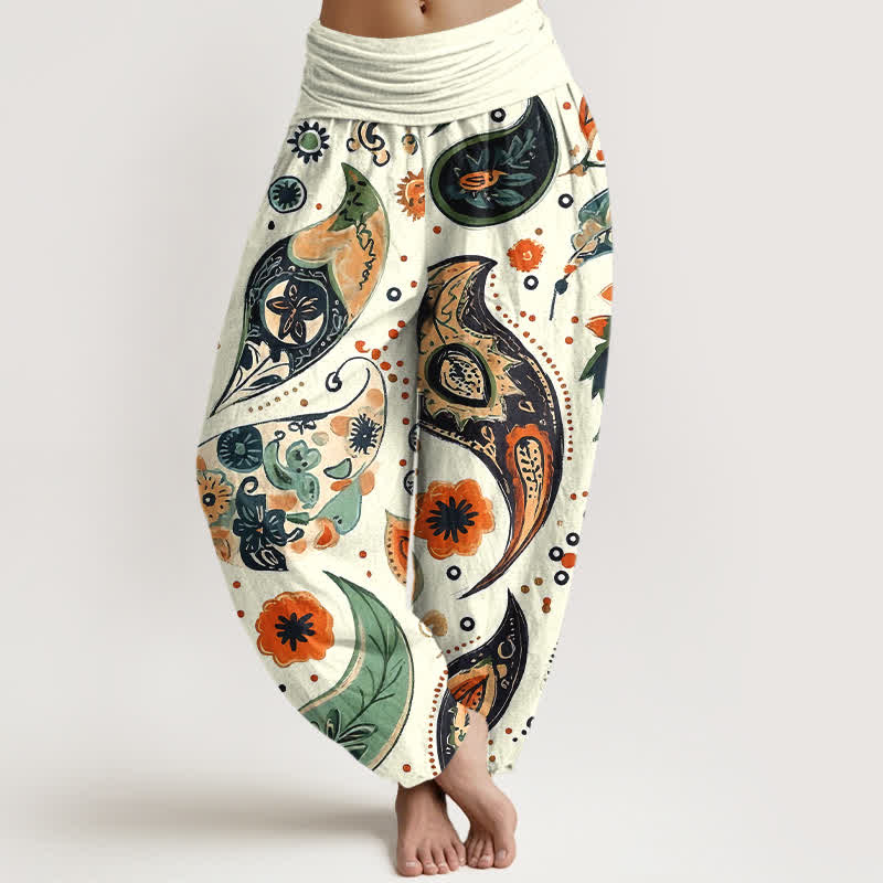 Buddha Stones Pantaloni harem da donna in puro cotone con motivo paisley e girasoli, elastico in vita. - Avorio - US16, UK/AU20, EU48 (3XL) - image 0