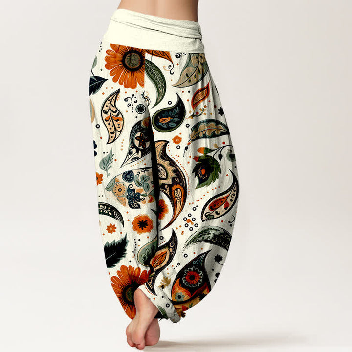 Buddha Stones Pantaloni harem da donna in puro cotone con motivo paisley e girasoli, elastico in vita. - image 1