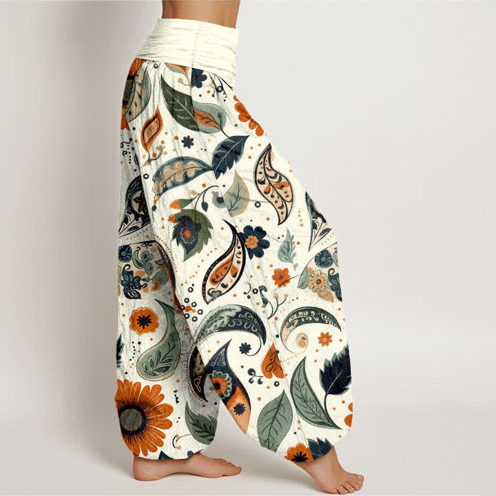 Buddha Stones Pantaloni harem da donna in puro cotone con motivo paisley e girasoli, elastico in vita. - image 2
