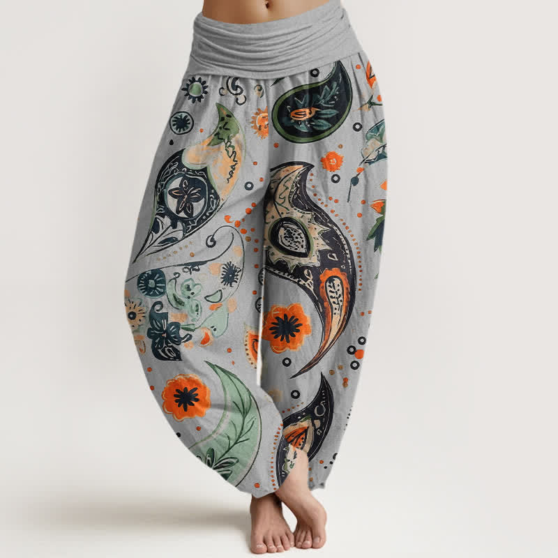 Buddha Stones Pantaloni harem da donna in puro cotone con motivo paisley e girasoli, elastico in vita. - Grigio chiaro - US16, UK/AU20, EU48 (3XL) - image 5