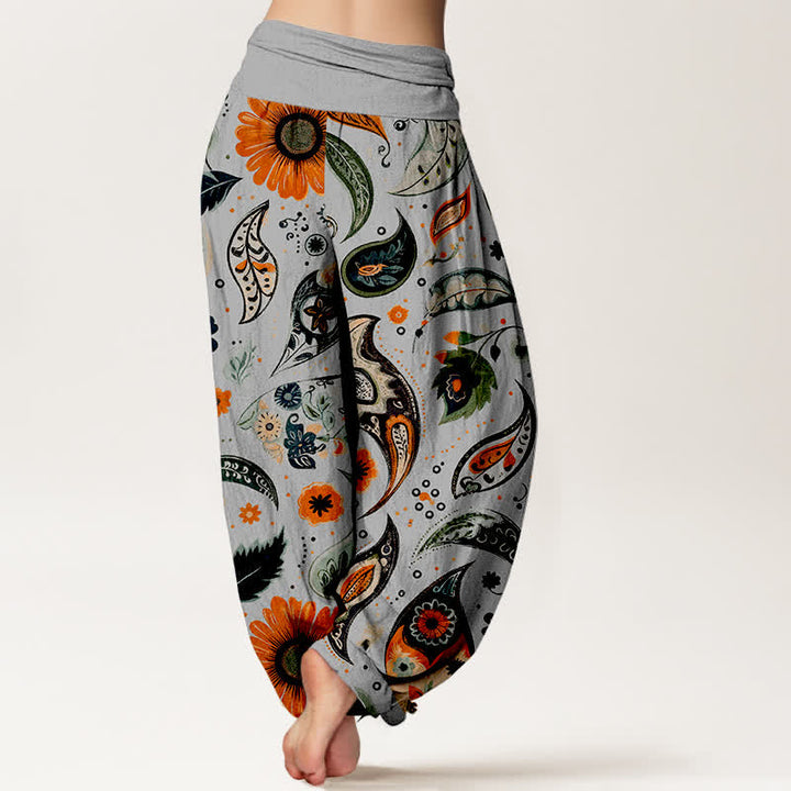 Buddha Stones Pantaloni harem da donna in puro cotone con motivo paisley e girasoli, elastico in vita. - image 6