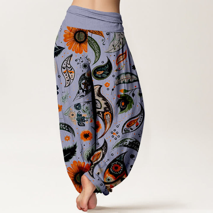 Buddha Stones Pantaloni harem da donna in puro cotone con motivo paisley e girasoli, elastico in vita. - image 9