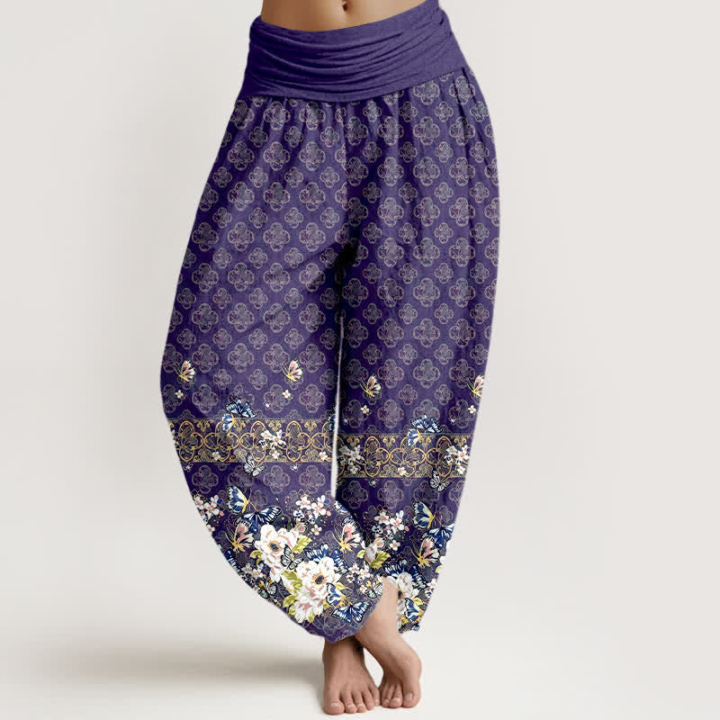 Buddha Stones Pantaloni harem da donna in puro cotone con motivo floreale bohémien e elastico in vita. - Indaco - US16, UK/AU20, EU48 (3XL) - image 0