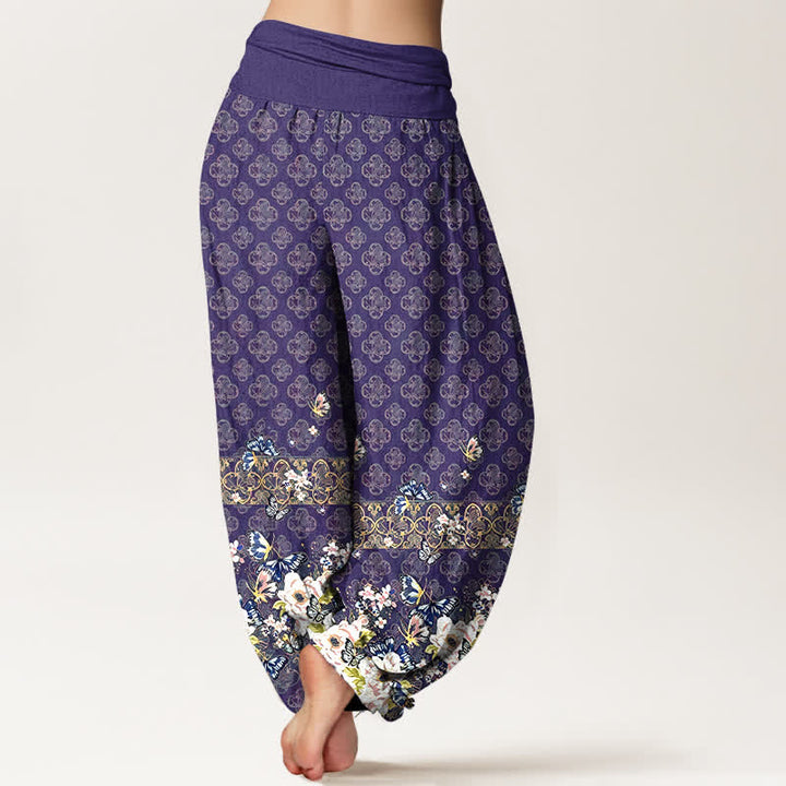 Buddha Stones Pantaloni harem da donna in puro cotone con motivo floreale bohémien e elastico in vita. - image 1