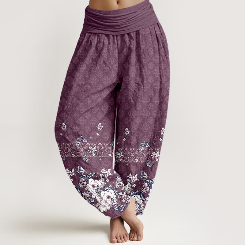 Buddha Stones Pantaloni harem da donna in puro cotone con motivo floreale bohémien e elastico in vita. - Prugna - US16, UK/AU20, EU48 (3XL) - image 5