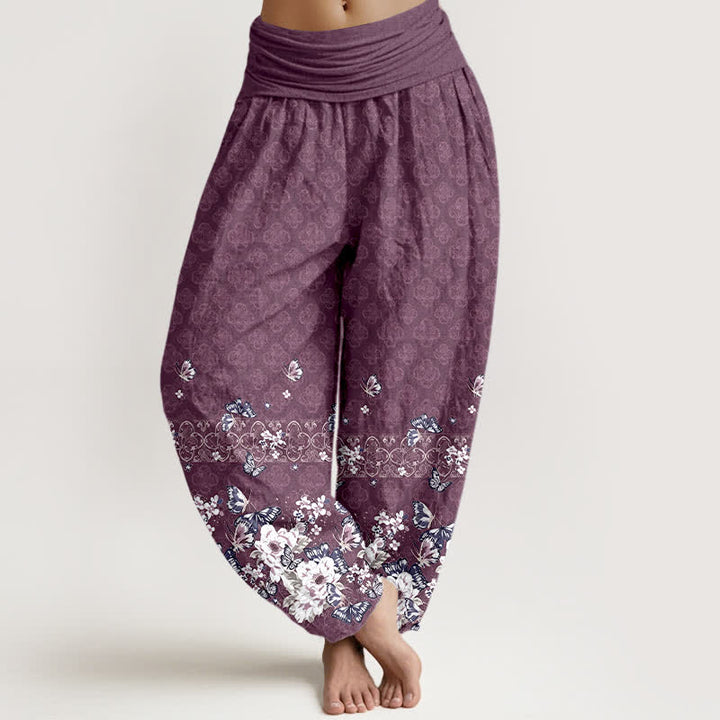 Buddha Stones Pantaloni harem da donna in puro cotone con motivo floreale bohémien e elastico in vita. - Prugna - US16, UK/AU20, EU48 (3XL) - image 5