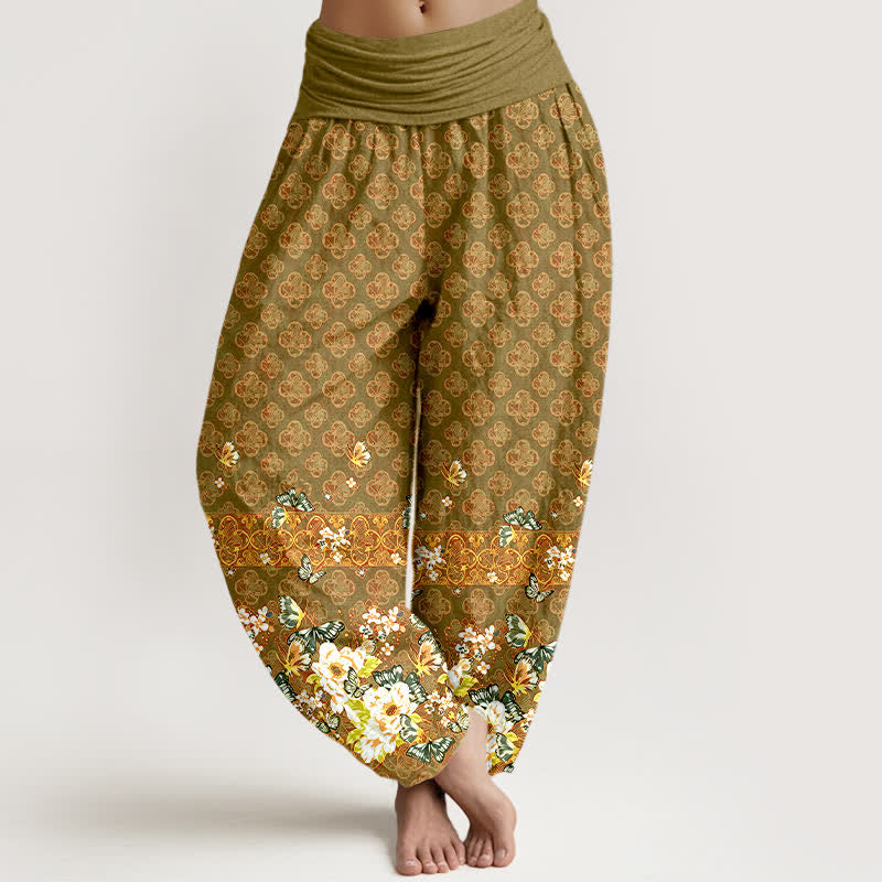 Buddha Stones Pantaloni harem da donna in puro cotone con motivo floreale bohémien e elastico in vita. - Oliva - US16, UK/AU20, EU48 (3XL) - image 8