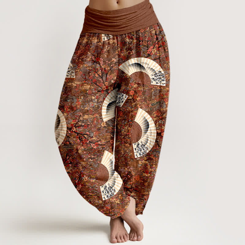 Buddha Stones Pantaloni harem da donna in morbido cotone color avorio con motivo a ventaglio e vita elasticizzata. - Siena - US16, UK/AU20, EU48 (3XL) - image 0
