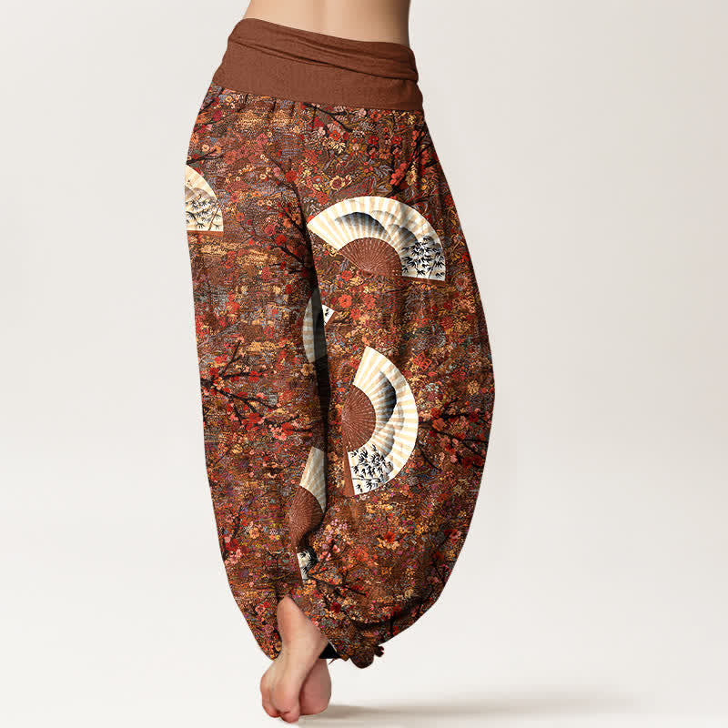 Buddha Stones Pantaloni harem da donna in morbido cotone color avorio con motivo a ventaglio e vita elasticizzata. - image 1