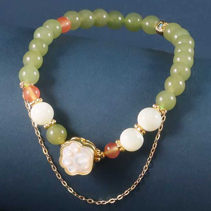 Buddha Stones Bracciale portafortuna con design a zampa di gatto in giada Hetian naturale e pietra Tridacna. - Zampa di gatto (circonferenza del polso: 14–15 cm) - image 0