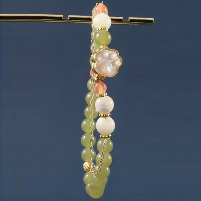 Buddha Stones Bracciale portafortuna con design a zampa di gatto in giada Hetian naturale e pietra Tridacna. - image 3