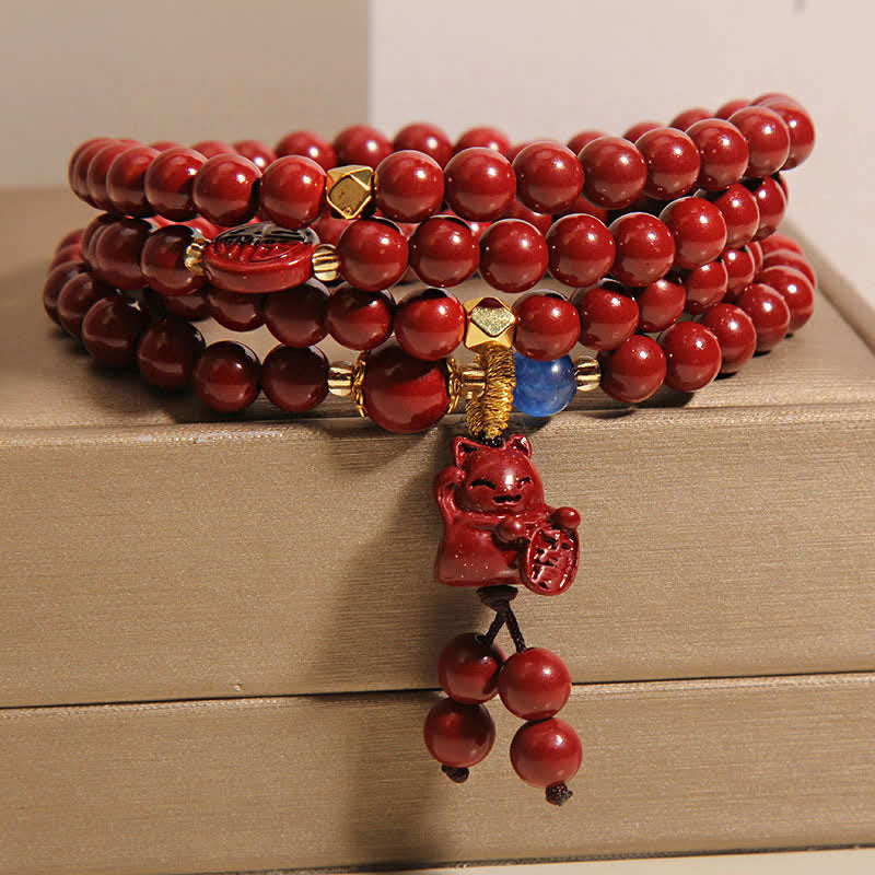 Buddha Stones Mala tibetano con 108 perle di cinabro, gatto portafortuna e personaggio Fu, simbolo della fortuna. - image 7