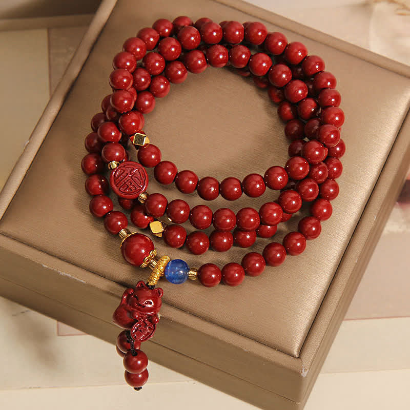 Buddha Stones Mala tibetano con 108 perle di cinabro, gatto portafortuna e personaggio Fu, simbolo della fortuna. - image 1