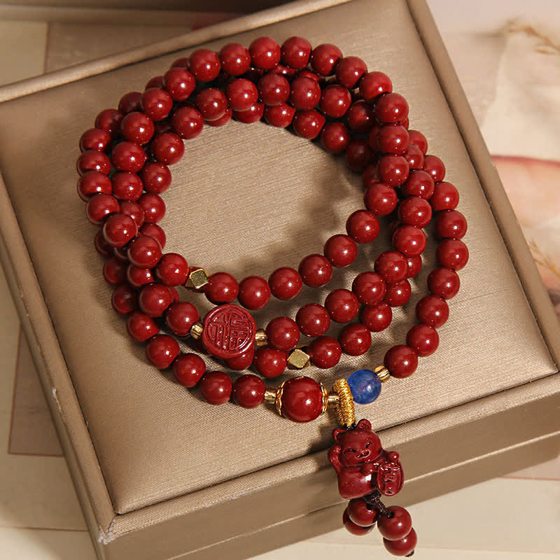Buddha Stones Mala tibetano con 108 perle di cinabro, gatto portafortuna e personaggio Fu, simbolo della fortuna. - image 8