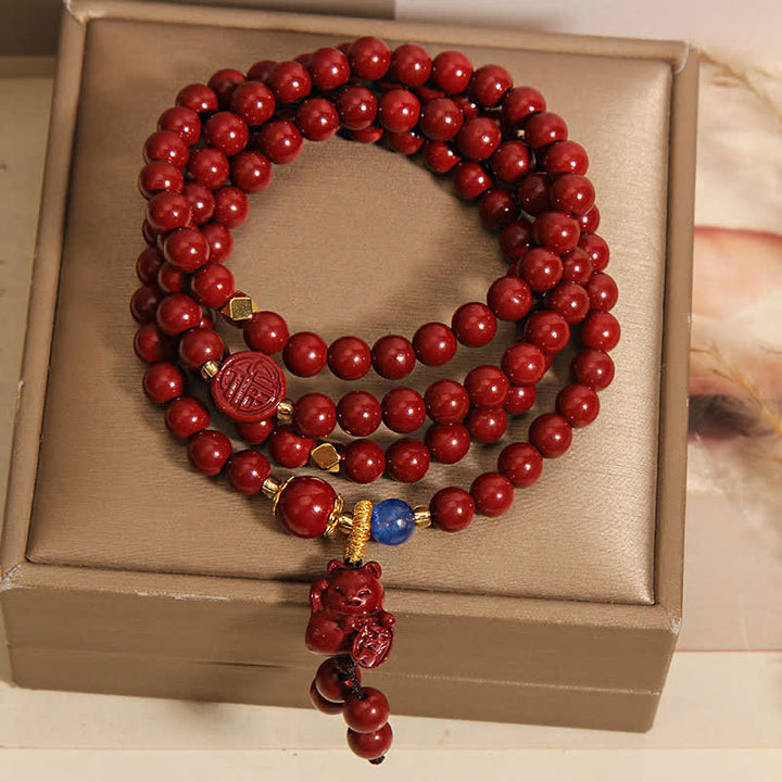 Buddha Stones Mala tibetano con 108 perle di cinabro, gatto portafortuna e personaggio Fu, simbolo della fortuna. - image 3