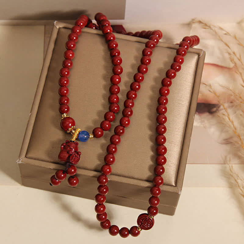 Buddha Stones Mala tibetano con 108 perle di cinabro, gatto portafortuna e personaggio Fu, simbolo della fortuna. - image 4