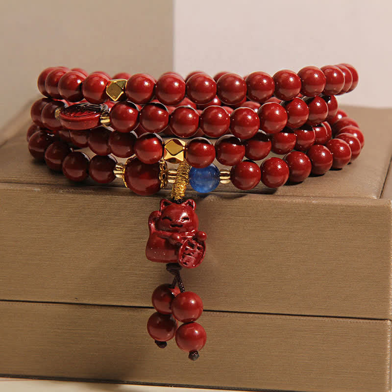 Buddha Stones Mala tibetano con 108 perle di cinabro, gatto portafortuna e personaggio Fu, simbolo della fortuna. - image 2