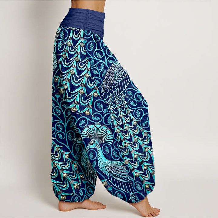 Buddha Stones Pantaloni harem da donna in puro cotone con motivo a piume di pavone e vita elasticizzata. - image 2
