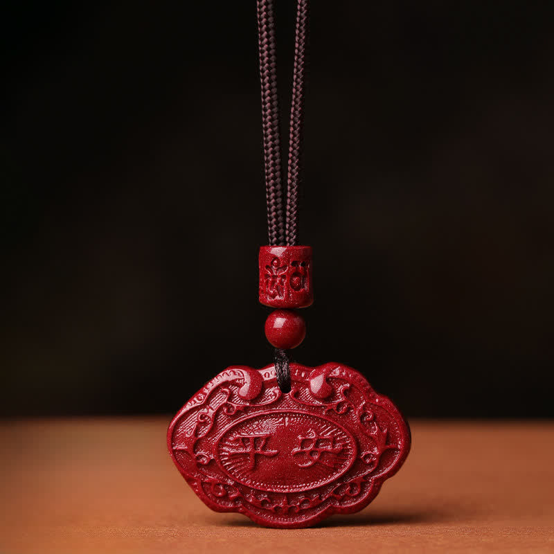 Buddha Stones Collana portafortuna con lucchetto Ruyi e personaggio Fu Cinnabar - Cinabro - image 0