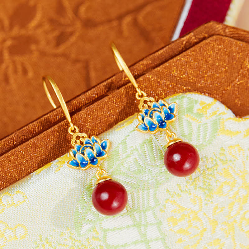 Buddha Stones Orecchini pendenti a forma di loto in argento sterling 925 color cinabro con smalto. - image 1