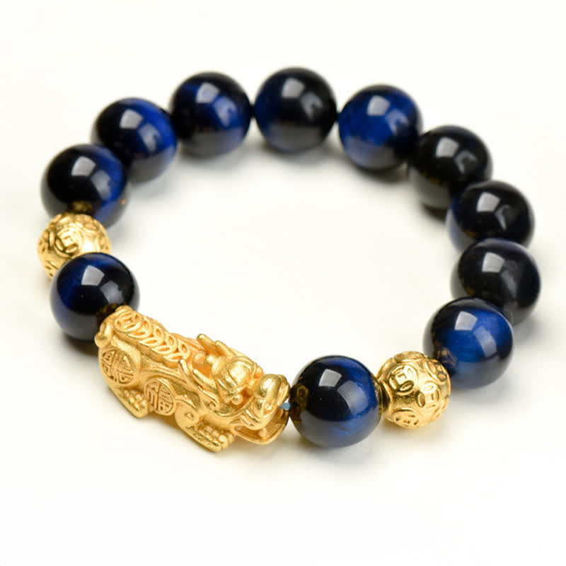 Buddha Stones Braccialetto con perline Pixiu Fu in occhio di tigre naturale, simbolo Om Mani Padme Hum, simbolo di coraggio. - Monete di rame occhio di tigre blu Pixiu (circonferenza del polso: 17-18 cm) - image 19