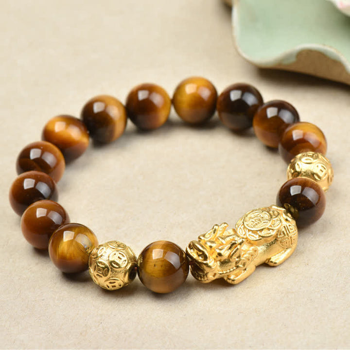 Buddha Stones Braccialetto con perline Pixiu Fu in occhio di tigre naturale, simbolo Om Mani Padme Hum, simbolo di coraggio. - Pixiu portafortuna Occhio di Tigre Giallo (Circonferenza del polso: 17–18 cm) - image 15