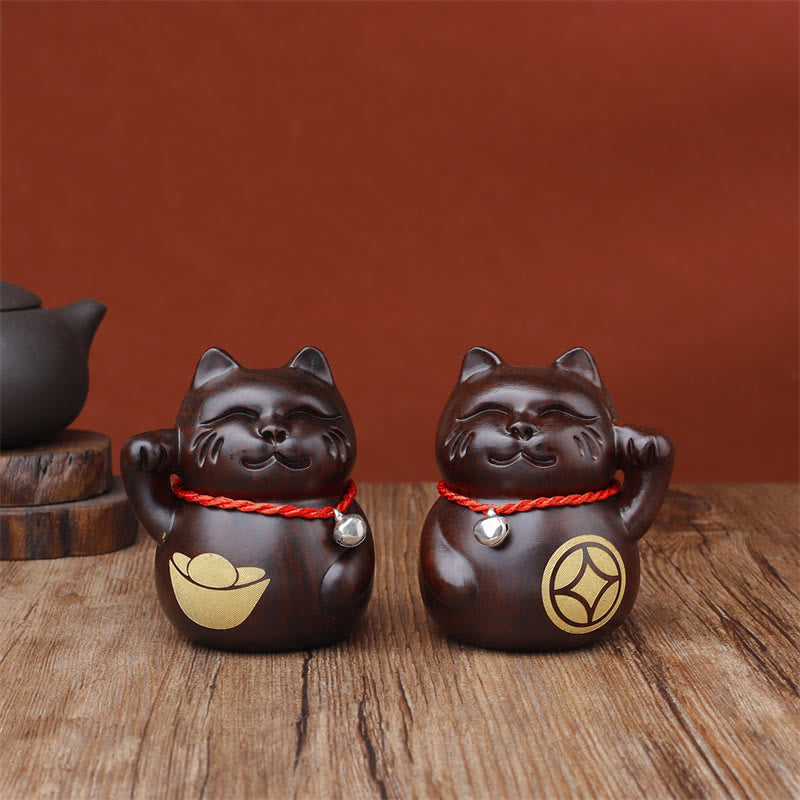 Buddha Stones Mini gatto portafortuna intagliato in legno d'ebano, 8 cm - 2 pezzi (confezione regalo) - 8 cm (colore e dimensioni possono variare) - image 0