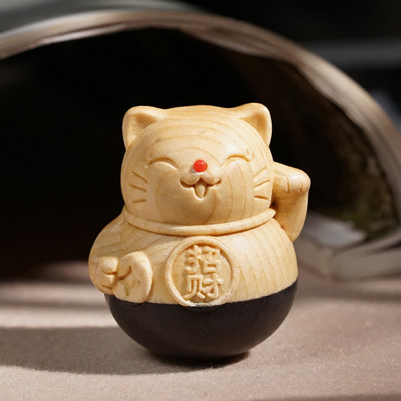 Buddha Stones Mini gatto portafortuna intagliato in legno di faggio ebano, ideale come decorazione protettiva per attirare la ricchezza, 4,7*4 cm - image 1