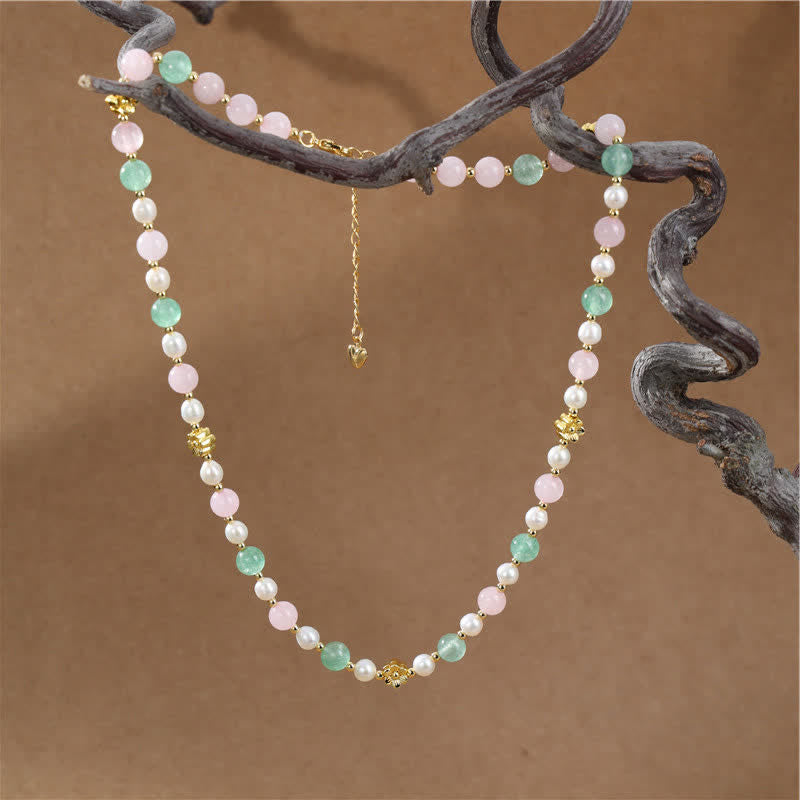 Buddha Stones Collana Peace con perle di quarzo rosa naturale, quarzo verde fragola e quarzo rosa. - image 1