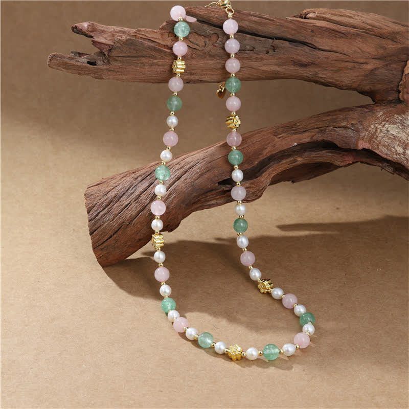 Buddha Stones Collana Peace con perle di quarzo rosa naturale, quarzo verde fragola e quarzo rosa. - image 9