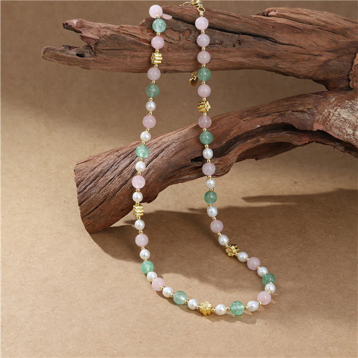 Buddha Stones Collana Peace con perle di quarzo rosa naturale, quarzo verde fragola e quarzo rosa. - image 9