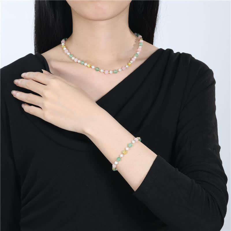 Buddha Stones Collana Peace con perle di quarzo rosa naturale, quarzo verde fragola e quarzo rosa. - image 11