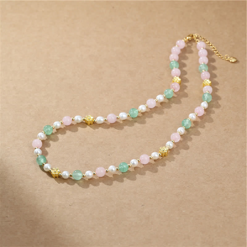 Buddha Stones Collana Peace con perle di quarzo rosa naturale, quarzo verde fragola e quarzo rosa. - image 2