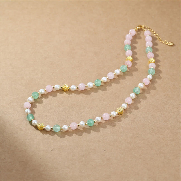 Buddha Stones Collana Peace con perle di quarzo rosa naturale, quarzo verde fragola e quarzo rosa. - image 2